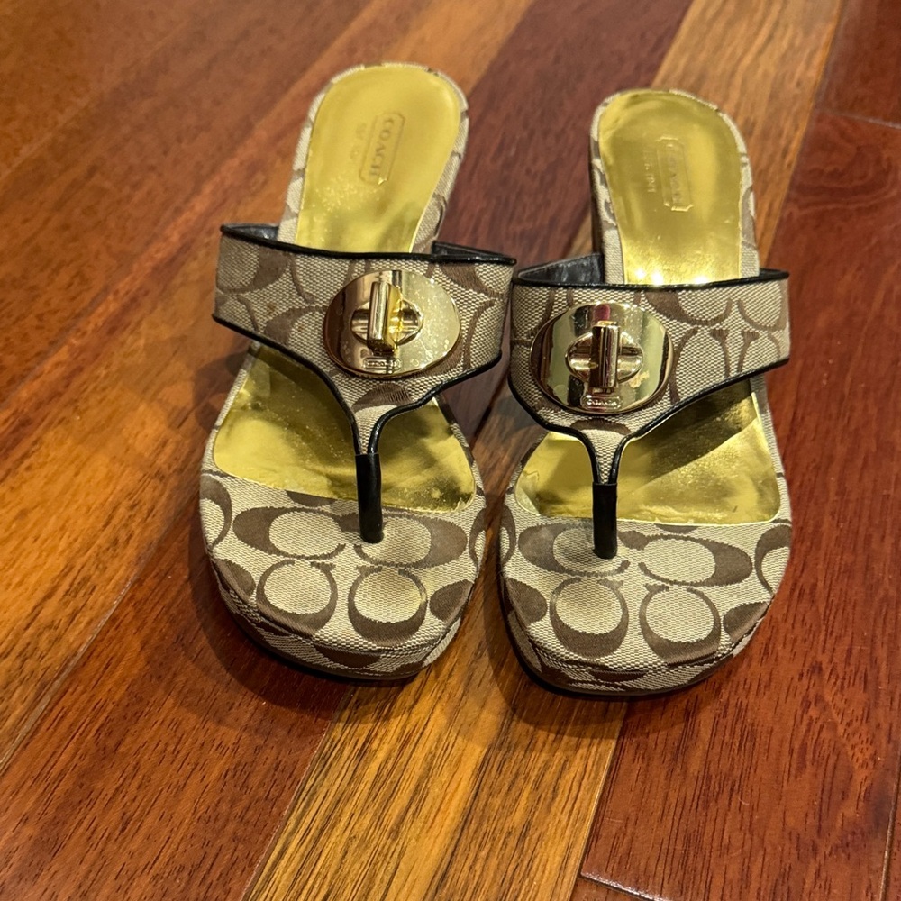 Coach Tan and Black Sandals with Gold Buckle